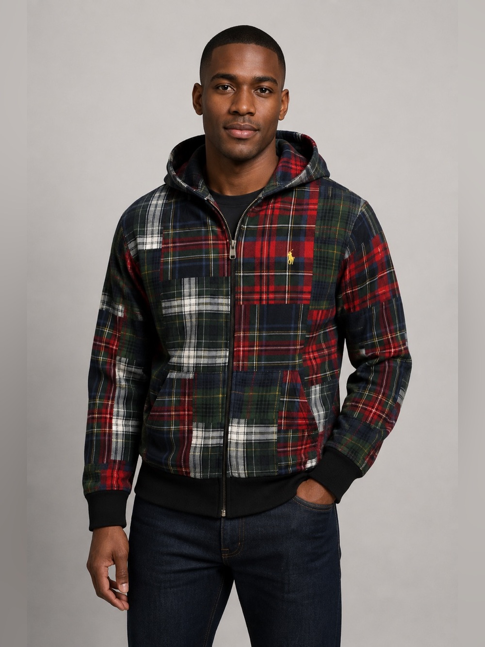 Polo Ralph Lauren Men's Patchwork Plaid Fleece Lined Full Zip Hoodie Size Medium